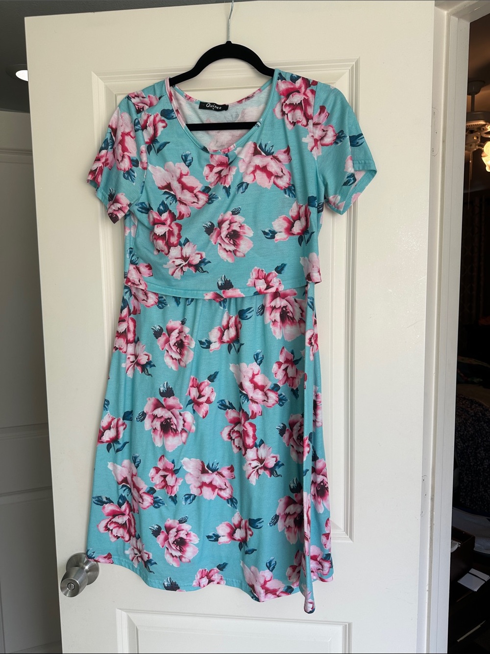 Onyx Aqua Floral Midi Dress with Pink Blooms